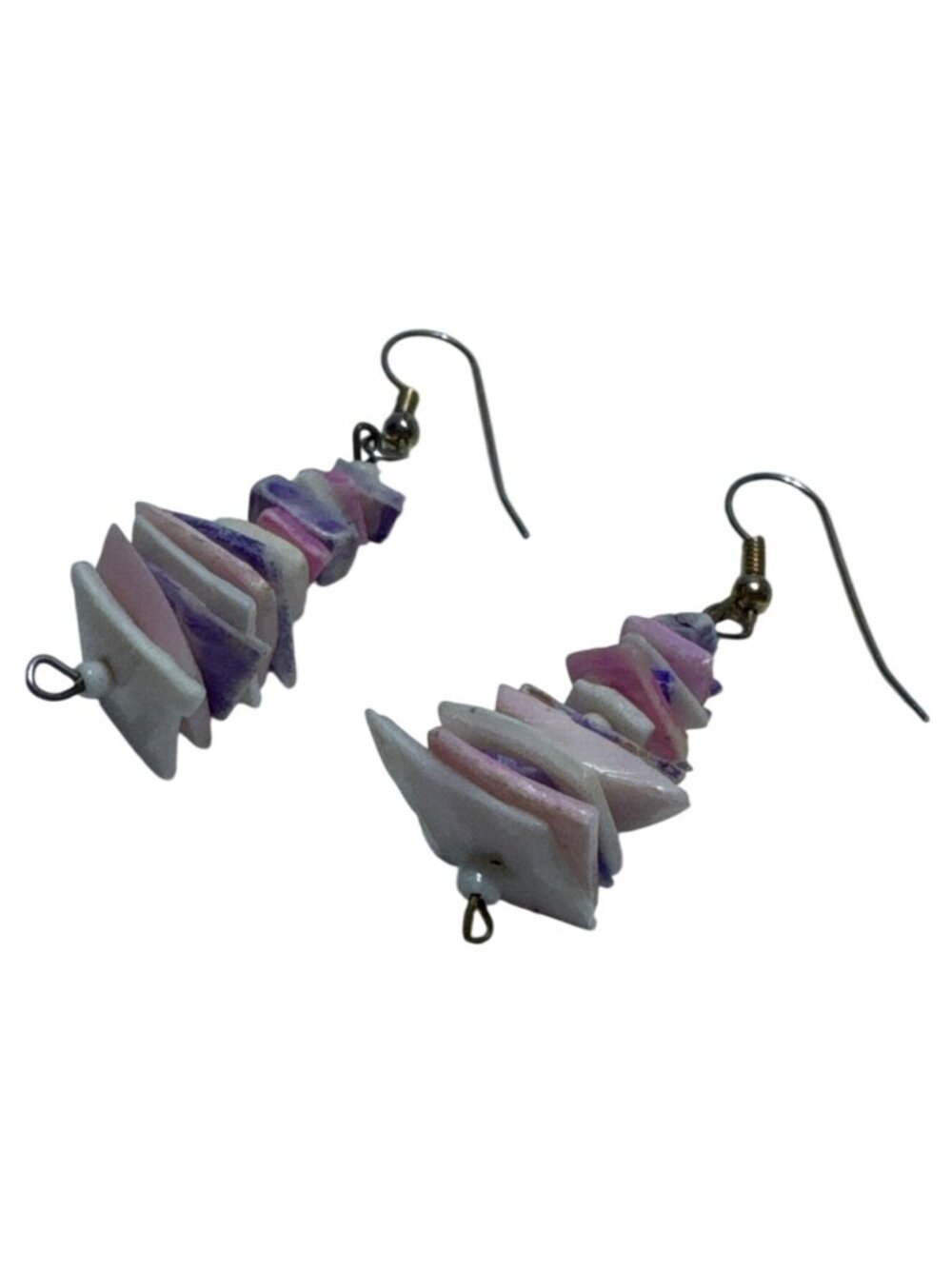 Abstract Multicolor Shell Bead Drop Earrings Pink Purple White Accents Pre-Owned